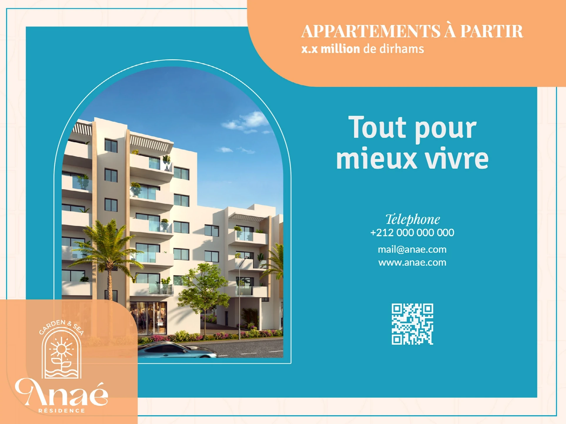 Anaé residency advertisement with apartment building photo.