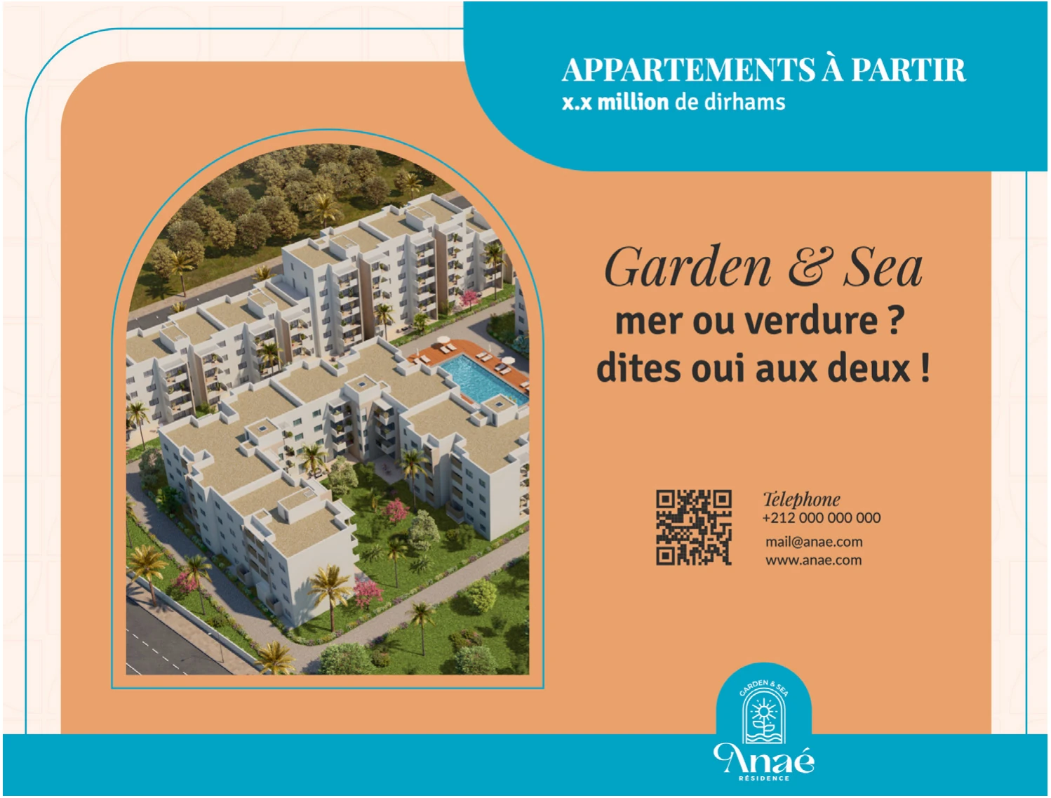 Anaé advertisement: garden and sea, aerial view of the residency.