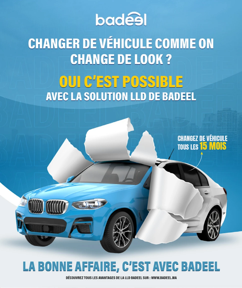 Badeel advertisement: a car breaking out of paper.