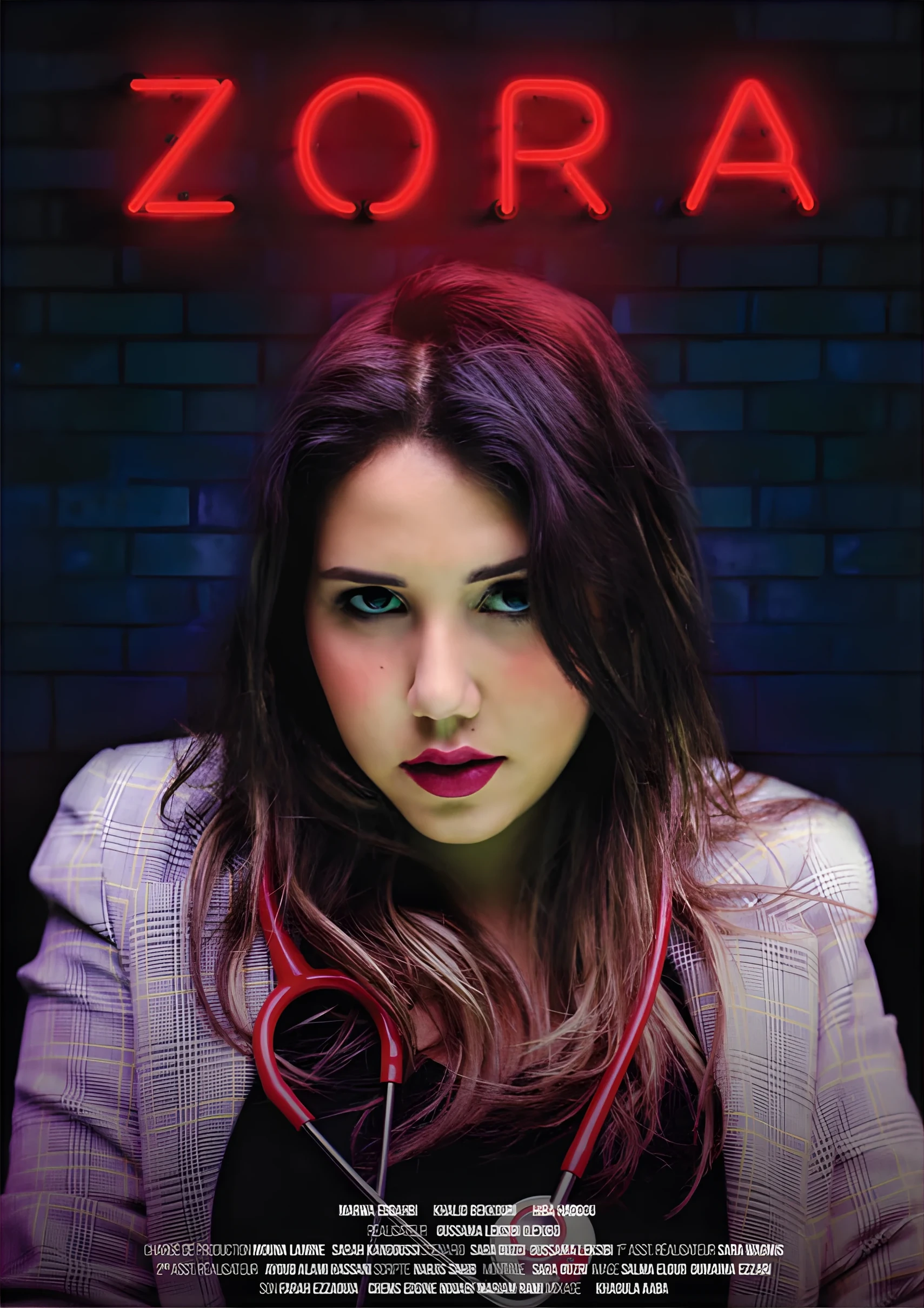 ZORA short-movie poster with neon title over a portrait.