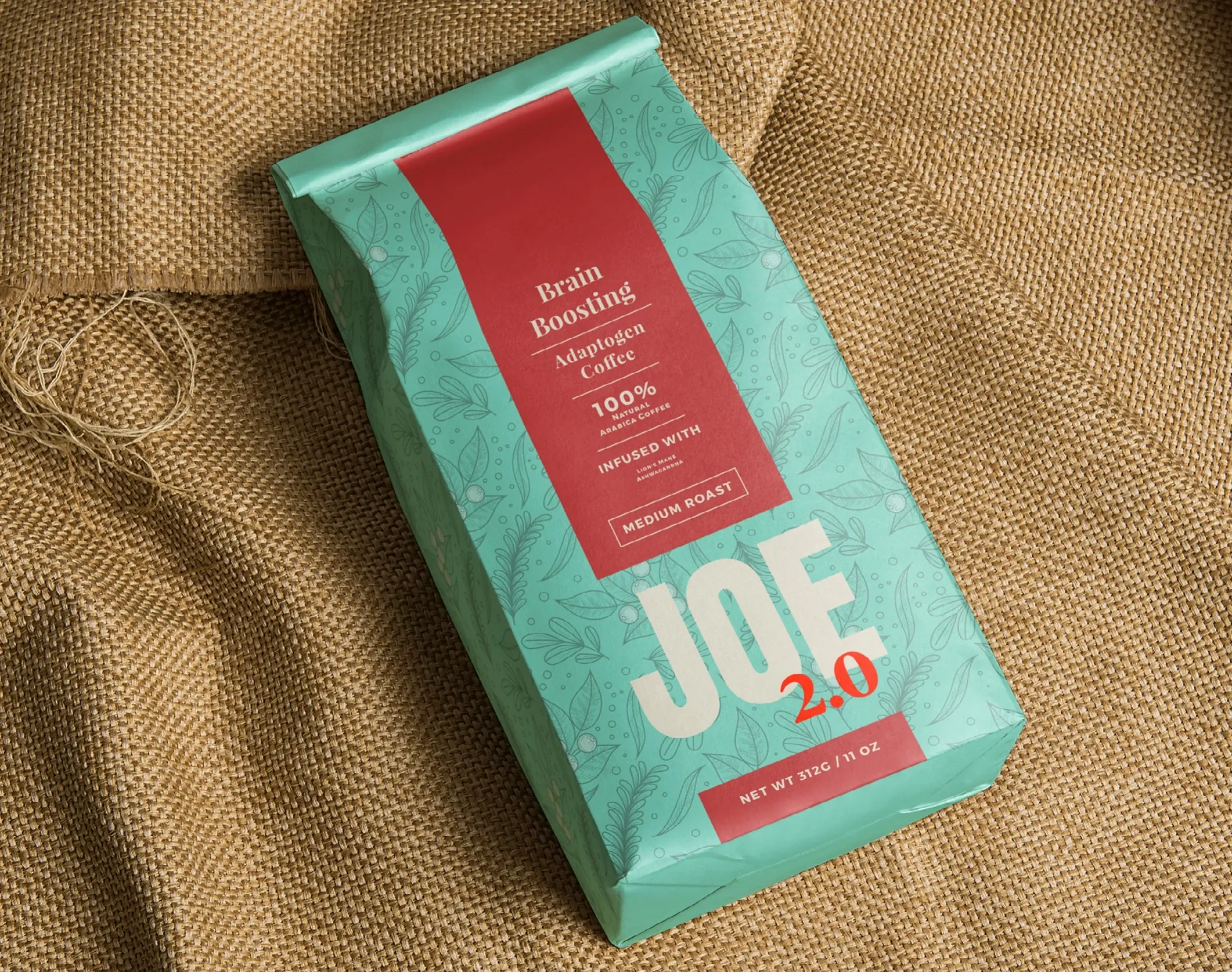 Teal JOE coffee bag on burlap.